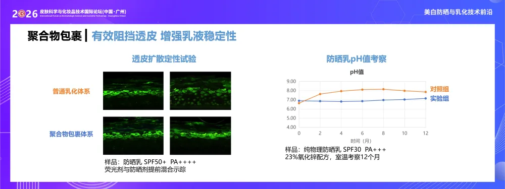 聚合物包裹体系验证：透皮扩散定性试验与防晒乳 12 个月 pH 值稳定性考察